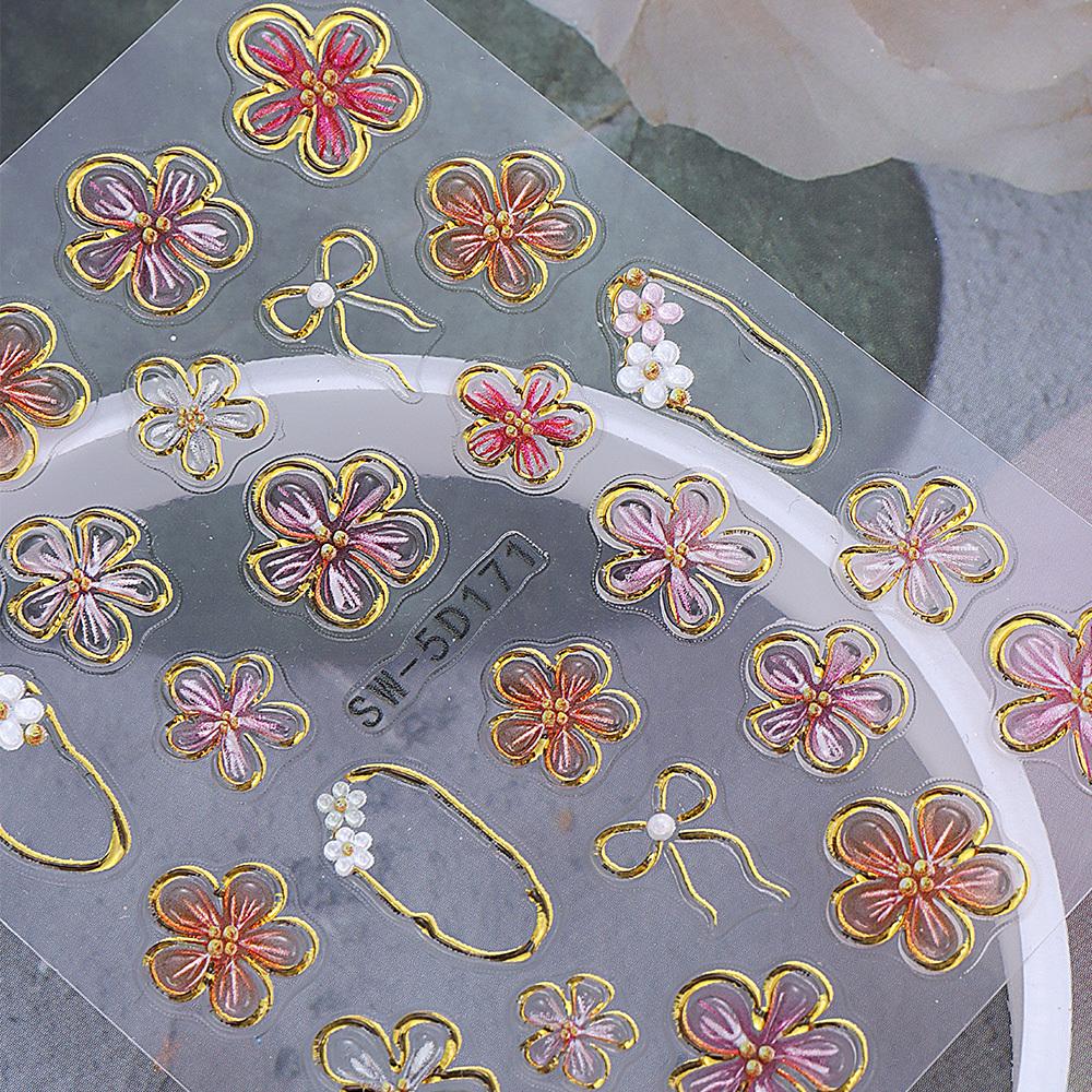 1pc Embossed Floral Nail Stickers - Translucent Flower Bows with Golden Glitter Accents, Self-Adhesive Glossy Nail Art Decals