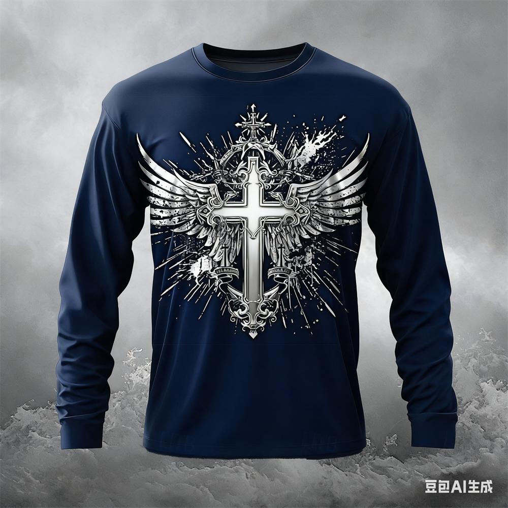 Funny Cross Wing Pattern Men's T Shirt Casual O-neck Loose Long Sleeve T-shirt Spring Autumn Comfortable Pullover Fashion Tops