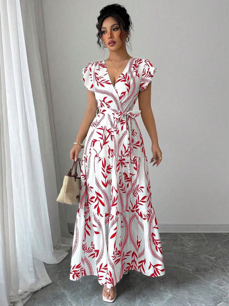 Women's White V-Neck Wrap Maxi Dress with Red Leaf Print and Ruffle Hem