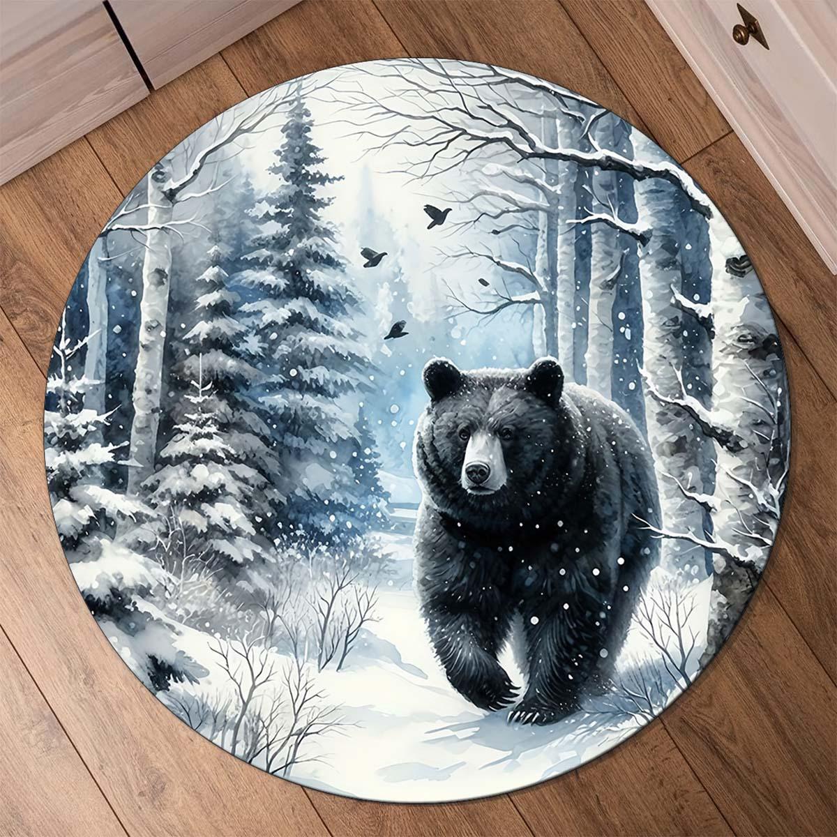 

Bear Winter Forest Round Rug Flannel Printed Carpet Nature Theme Home Decor Cozy Soft Floor Mat Living Room Indoor Use 60CM(23.6inch)