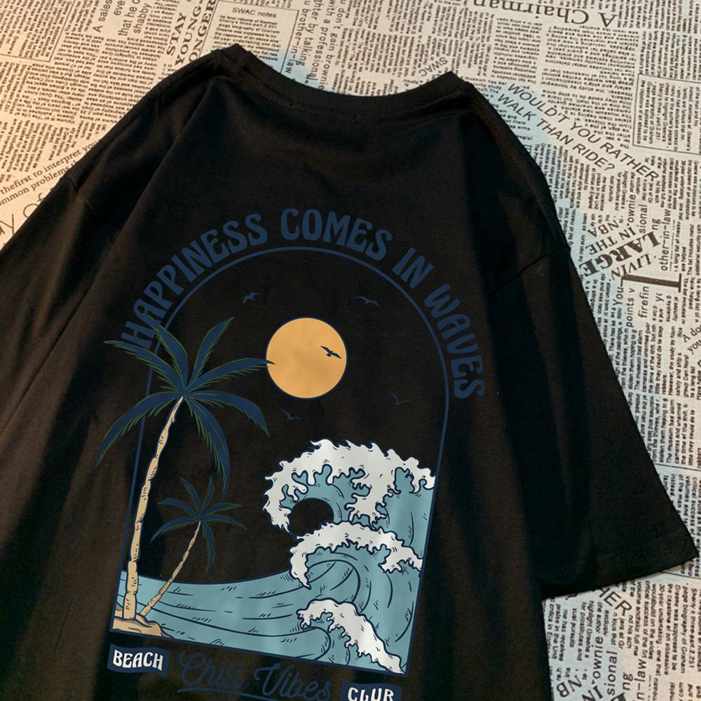 Happiness Comes In Waves Printing Unisex Unisex Clothes Fashion Loose Tops Creativity Casual T Shirt Pattern Loose Tshirts Couple