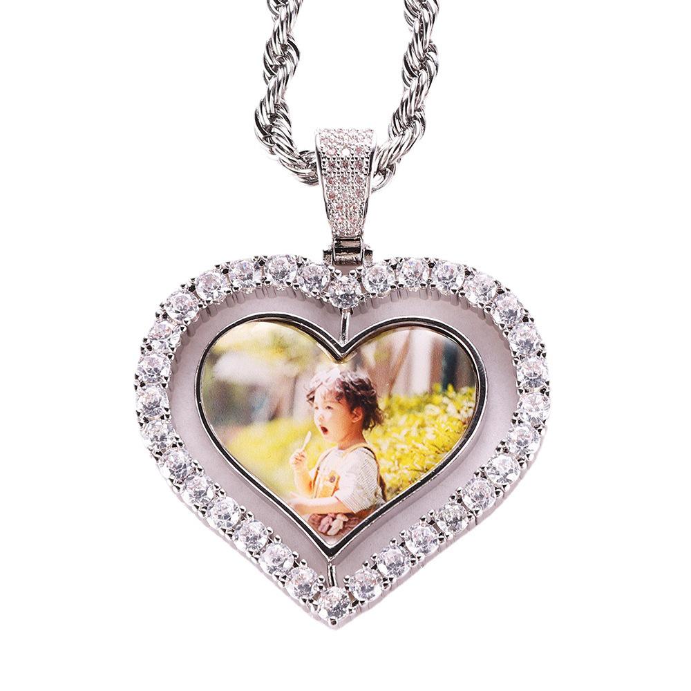 Rotatable Double-Sided Heart Photo Pendant Necklace with Zirconium Inlay - Yunyi Jewelry