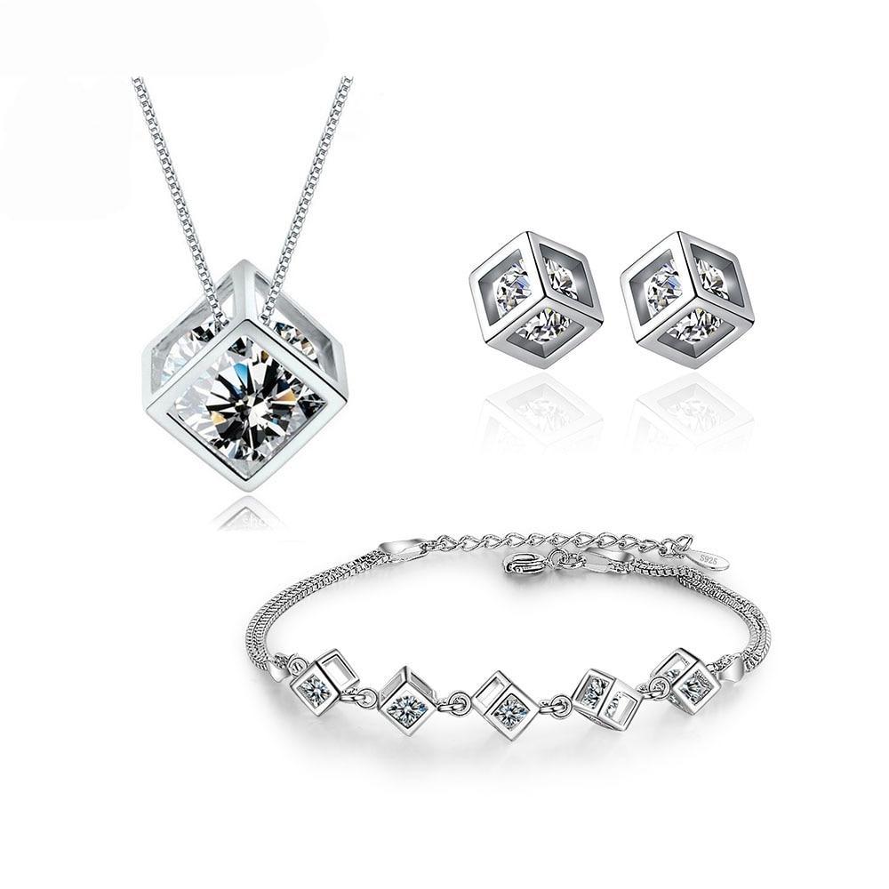5 Style 925 Sterling Silver Jewelry Sets Zircon Square Cube Necklace +Earrings +Bracelet for Women Gift