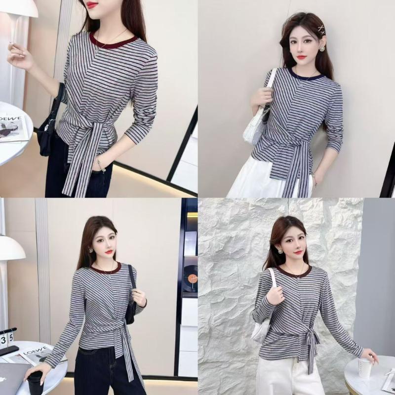 Autumn Korean Design Striped Lace-up Bow Contrast Color Long-sleeved T-shirt Is Versatile and Trendy