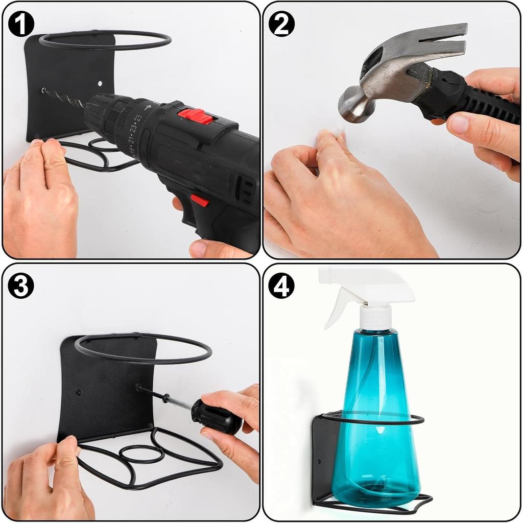 4 Pack Spray Bottle Holder, Heavy Duty Metal Wall Mount Spray Can Holder for Garage, Workshop, Craft & Kitchen Bottle Storage Rack, Easy Install
