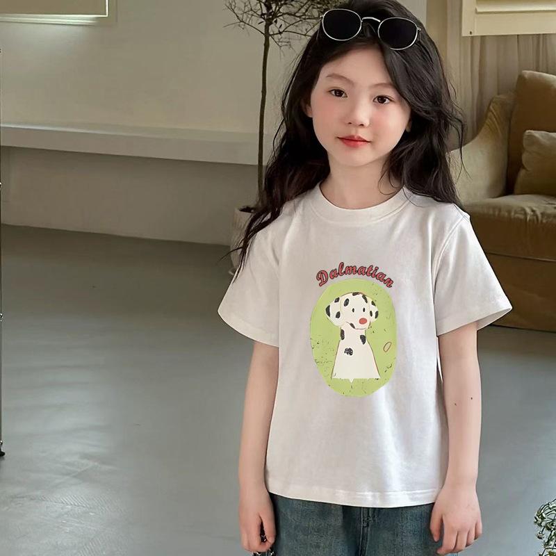 Girls Summer Cotton Cartoon Print T Shirt Loose Fit Round Neck Short Sleeve Top