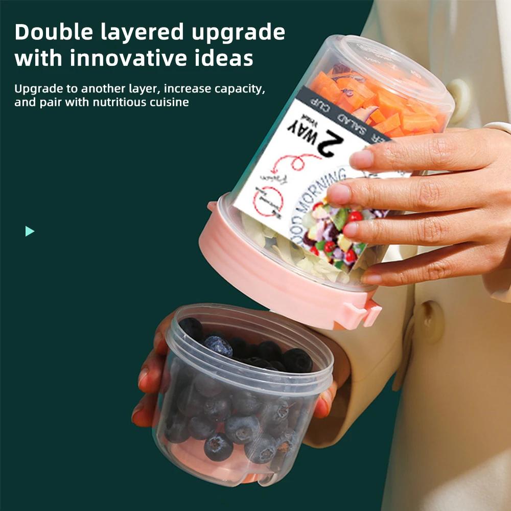 Portable Two-layers Breakfast Salad Cups Oatmeal Cereal Nut Yogurt Salad Cup Container Set with Fork Lunch Box Food Bento Box