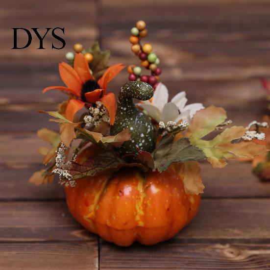 Artificial Pumpkin Ornaments Mini Fall Decoration, Farmhouse Autumn Thanksgiving Foam Centerpiece Faux Pumpkins with Maple Leaves Berries Sunflower