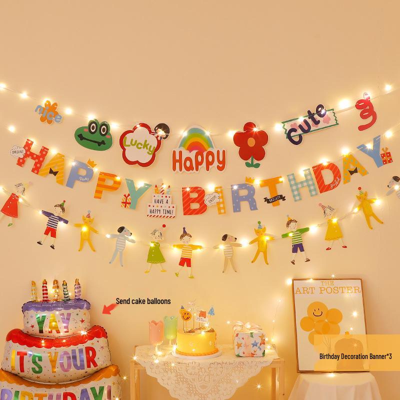 First Birthday Party Hanging Decoration: Happy Birthday Banner with Pom Poms and Bunting for Kids.