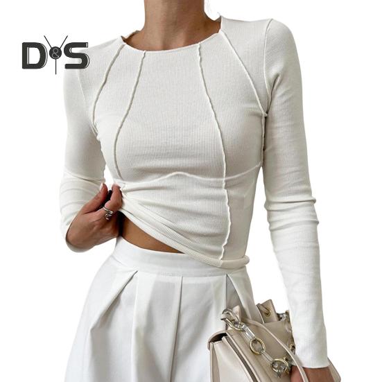 

Женская футболка с круглым вырезом и длинным рукавом, облегающая футболка, однотонные цветные линии, украшения, эластичный пуловер, топы для повседневной носки M белый