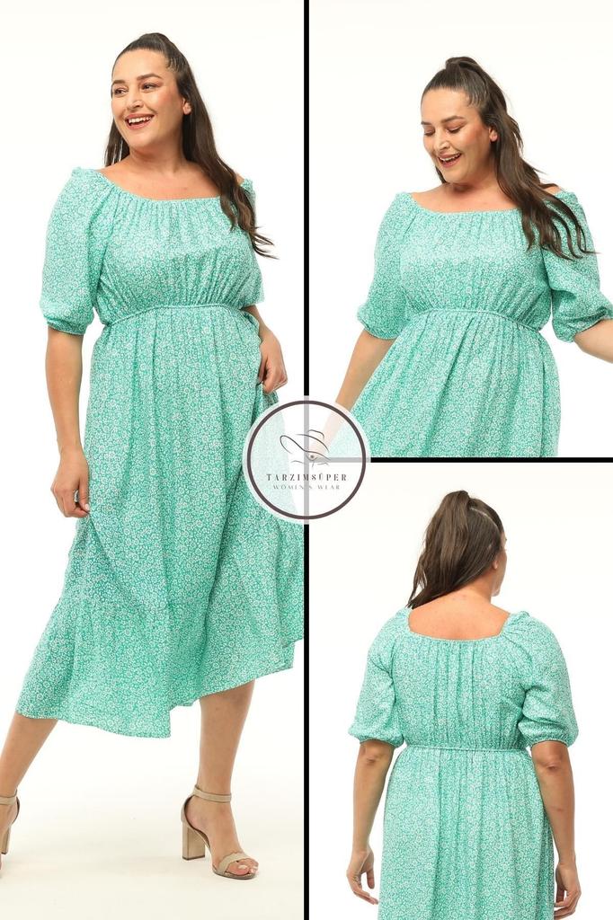 Kleid für große Größen für Damen, Plus Size, knackiges Blumenmuster, Sommer-Curve-Comfort-Modell, Kleid mit Ballonärmeln, elastischem Kragen und Taille