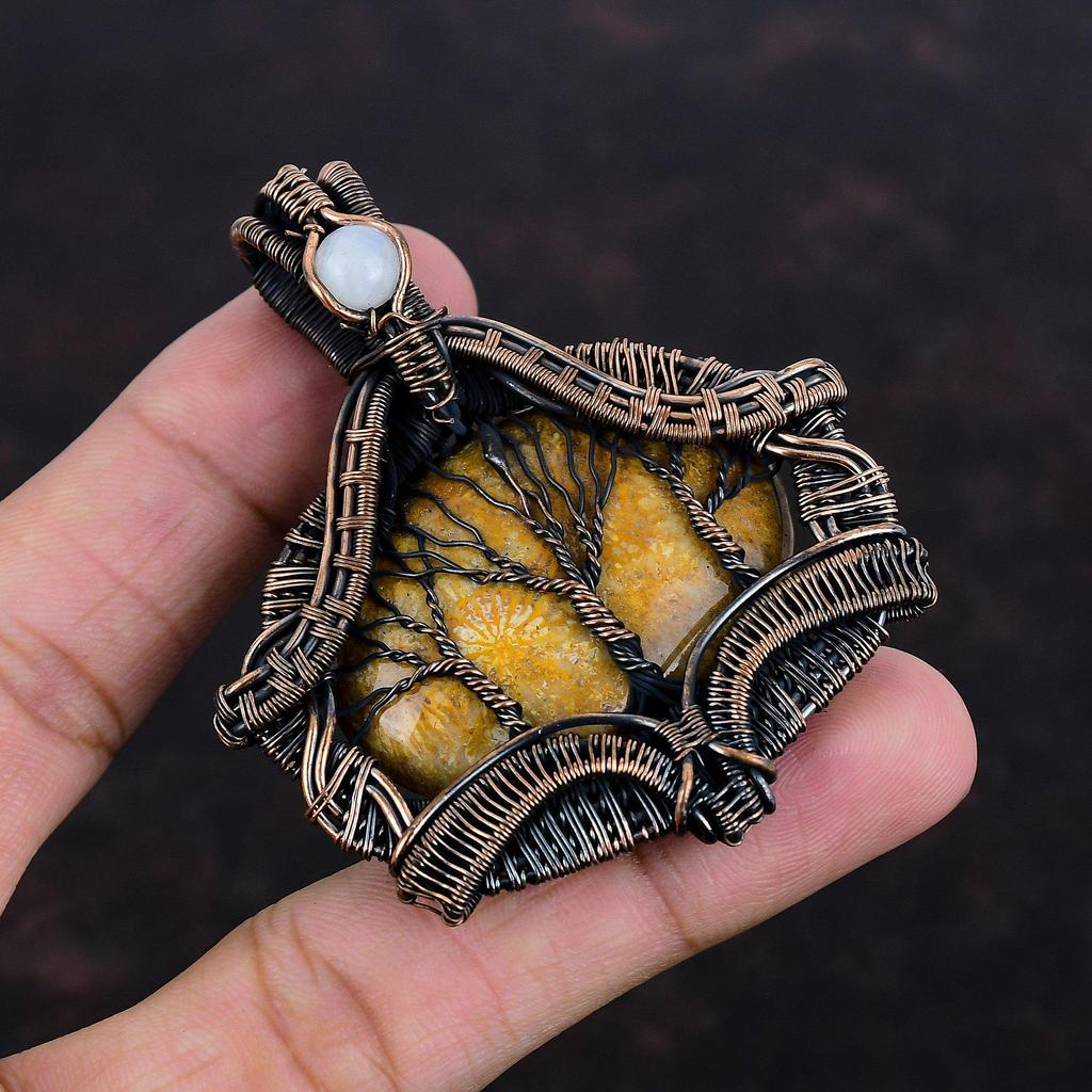 Baum des Lebens Fossil Koralle Anhänger Kupferdraht gewickelter Anhänger Regenbogenmondstein Edelsteinanhänger Handgefertigter Kupferdrahtschmuck Geschenke für Ihn