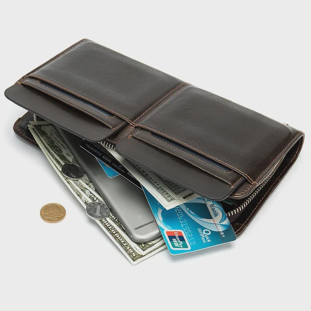 MVA Men's Long Retro Genuine Leather Wallet - Large Capacity Card Holder with Multiple Slots, First Layer Cowhide Clutch Bag.