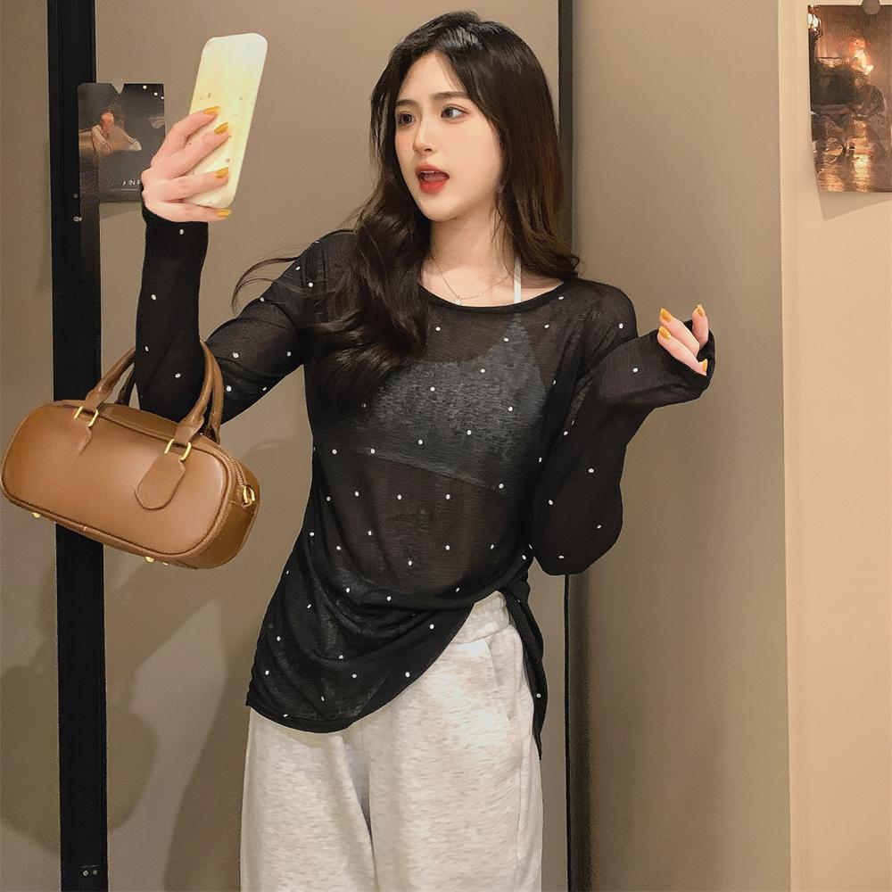 Summer Wear Both Front and Back Slit Polka Dot Long Sleeve T-shirt Women Thin Slightly Transparent Sunscreen Cover T Shirt Casual Loose Relaxed Tops