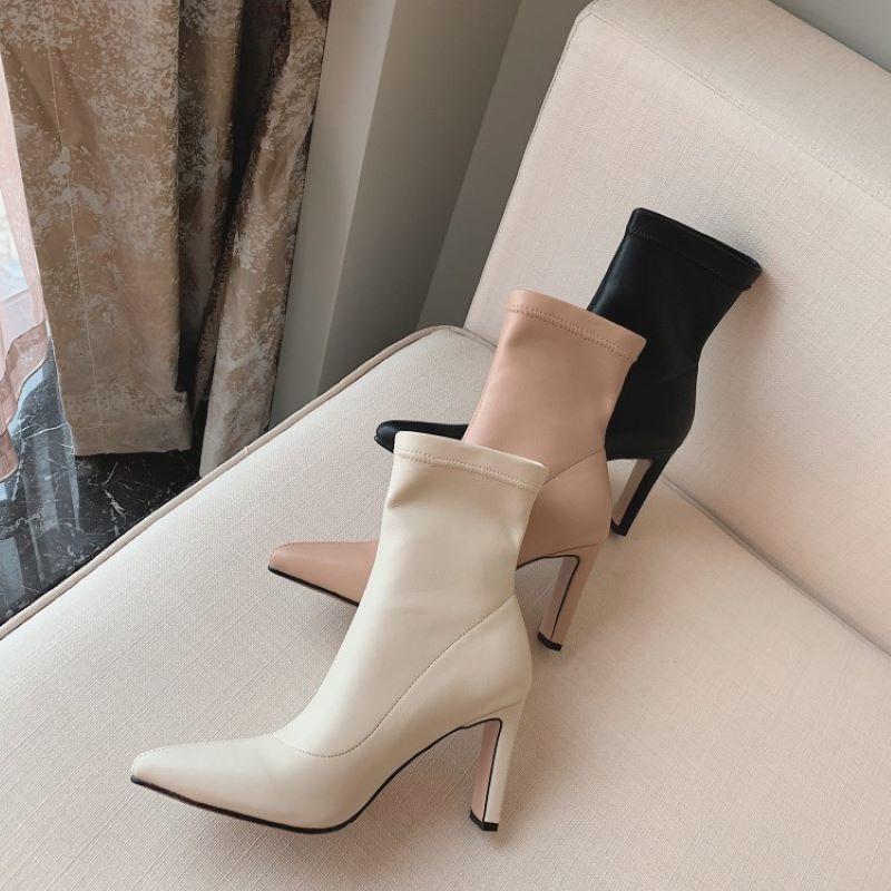 Short Boots Women's Spring and Autumn Single Boots Pointed Skinny Coarse Heel White High Heels Winter High Heel Boots French Boots