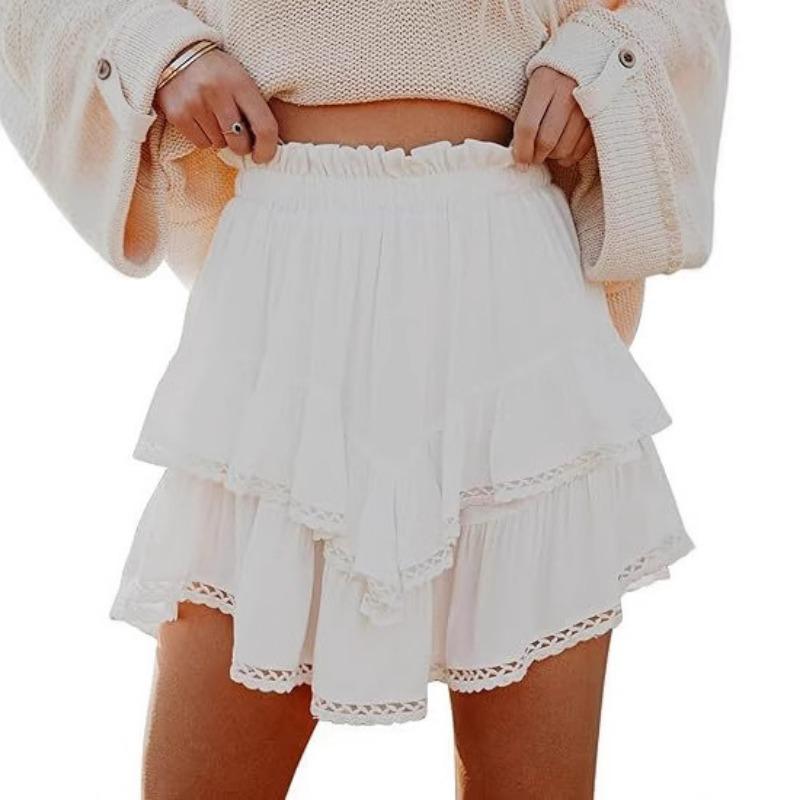 Women White Lace Trim High Waist Tiered Ruffle Mini Skirt S белый