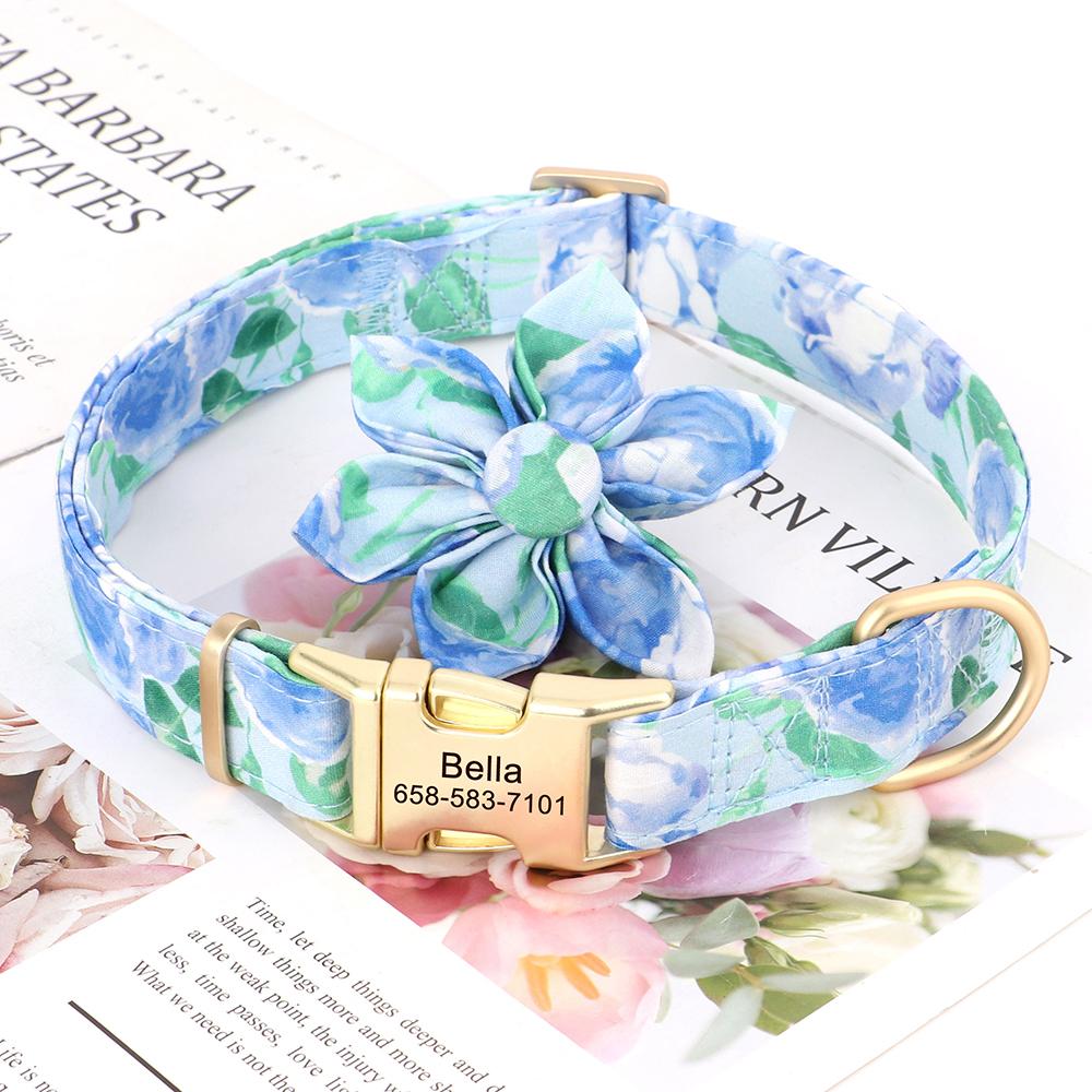 Customized Dog Collar Nylon Print Pet Dog Collars Personalized Pet ID Necklace With Cute Flower For Small Medium Large Dogs Pug
