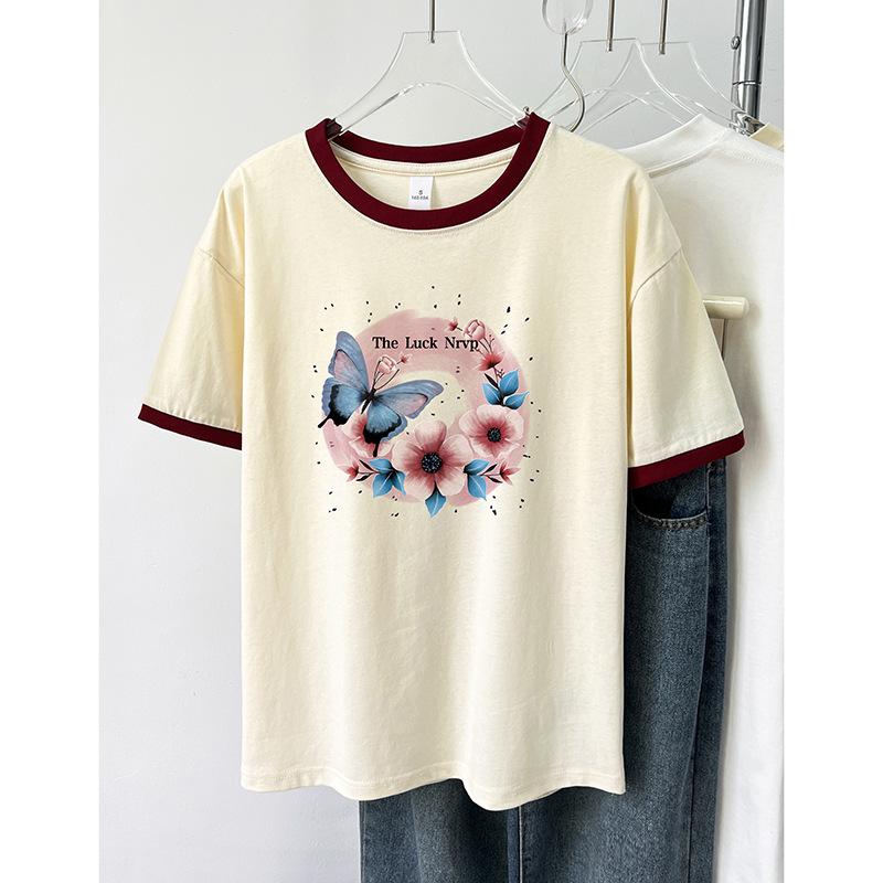 

2024 Women s Fashion Loose-Fit Color Block Cotton T-Shirt: Crew Neck, Short Sleeve, Slimming Design S