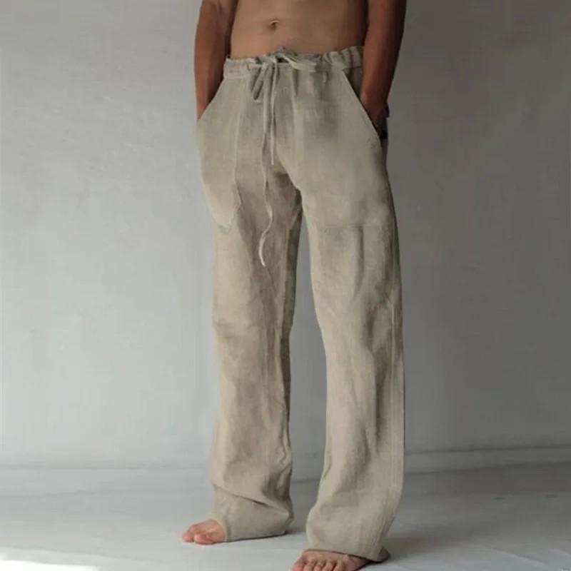 Men's Cotton Linen Long Pants Summer Solid Color Breathable Linen Trousers Male Casual Elastic Waist Casual Pants Harajuku Trous