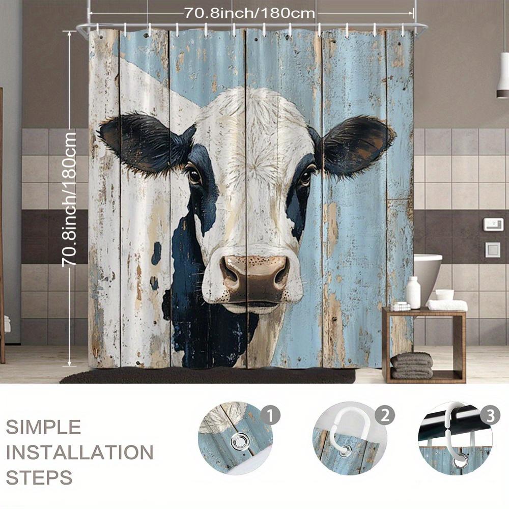 1pc Realistic Cow Shower Curtain - Black & White Patchwork Design with Expressive Eyes & Pink Nose, Rustic Wood Planks, Vintage