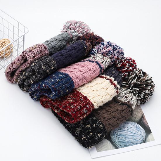 Women Winter Knitting Hat with Pom Poms Decor Patchwork Color Autumn Winter Jacquard Hat Windproof Breathable Headwear
