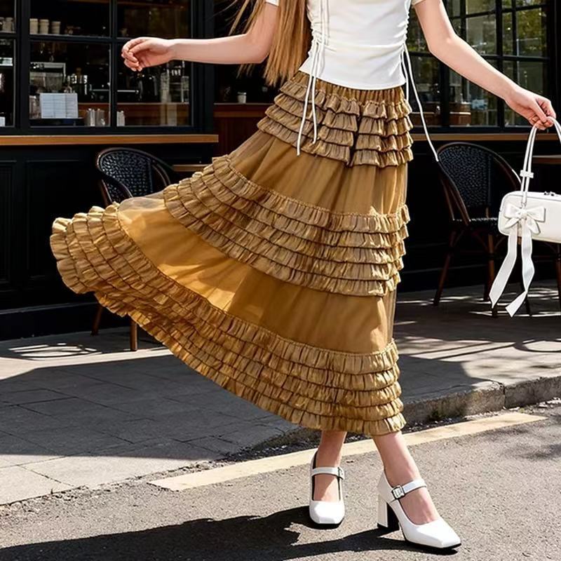 Qooth Ruffle Tulle Maxi Skirt Layered Cake High-Waisted Skirt French Ethereal Style for Party QT2860