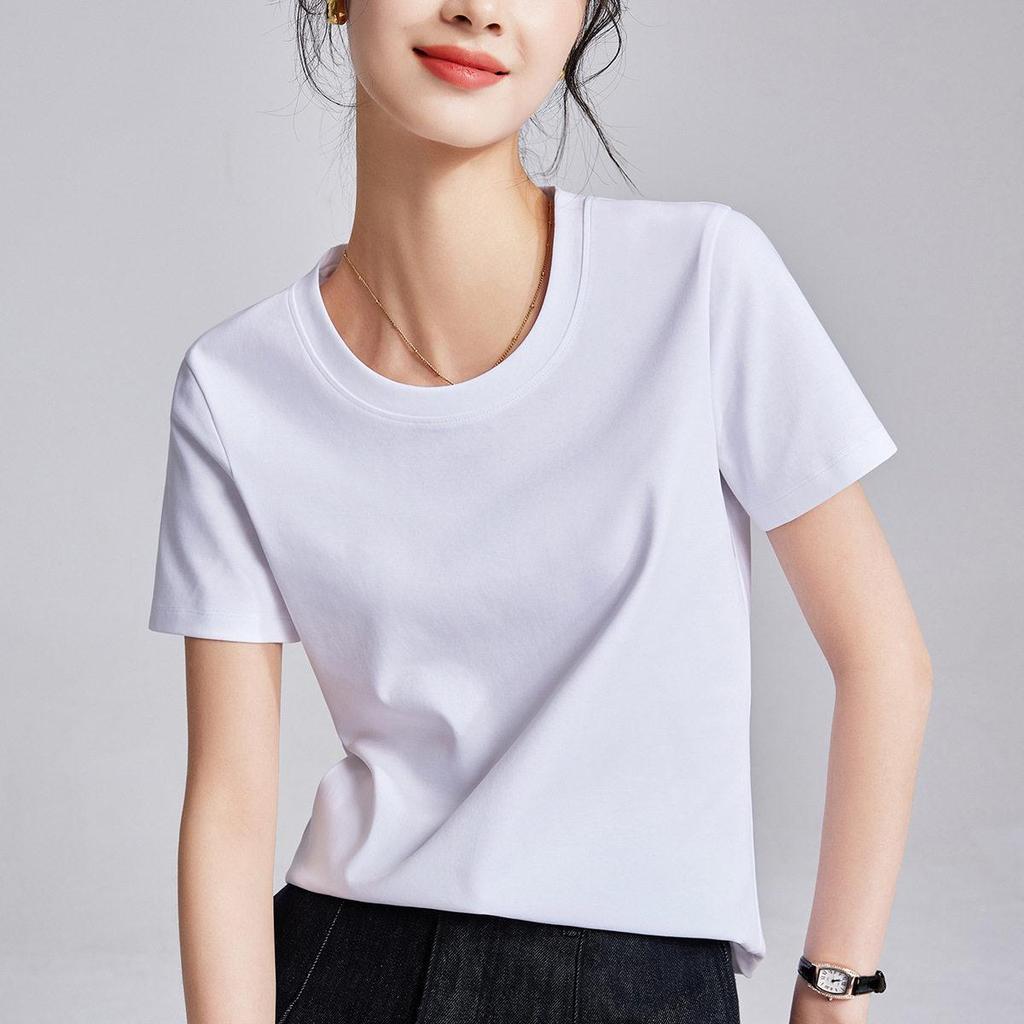 Women's Double-Sided Mercerized Cotton Slimming T-Shirt: Cool, Breathable, Plus Size, Regular Shoulder, Round Neck, Short Sleeve, Summer Wear.