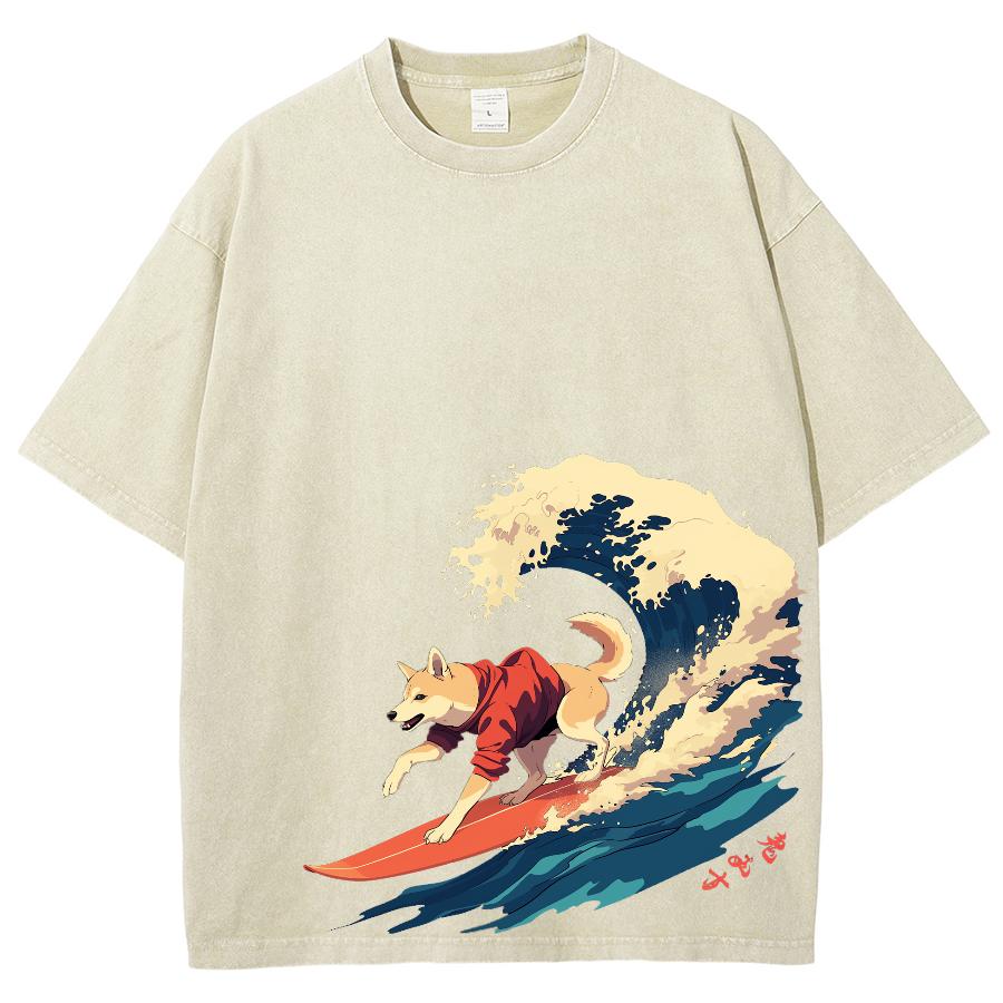 Japanese Style Cartoon Puppy Wave Print Women's T-Shirt Loose Oversized Wash Denim Short Sleeve Fashion Design Top