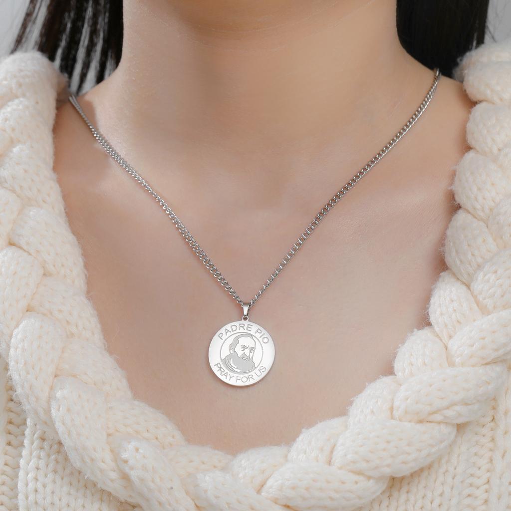 Lucktune Saint Padre Pio Pendant Necklace Women's Stainless Steel Necklace Catholic Religious Amulet Jewelry Pray For Us Gifts