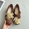 Sheepskin Version Inner Height-increasing Shoes Genuine Leather Retro Camellia Shallow Mouth Single Shoes Female Pig Nose Cross Belt Mary Jane Shoes