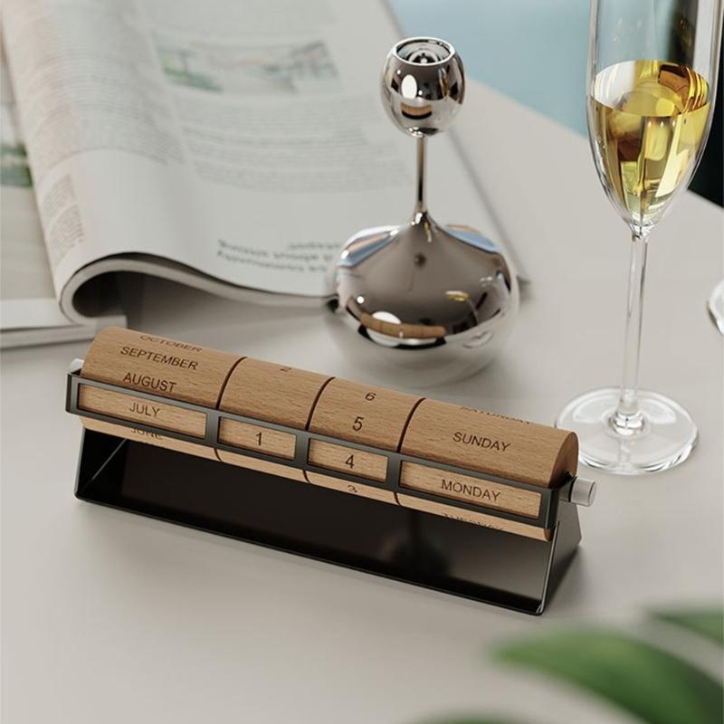 Contemporary Wooden Tabletop Rotating Permanent Calendar With Metal Base Month Week Day Date Display For Gift And Decors