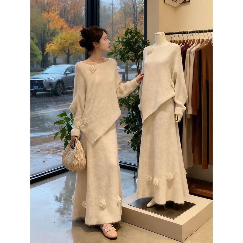 2025 Women s Winter Knit Top & Skirt Irregular Casual Set S 35-48kg