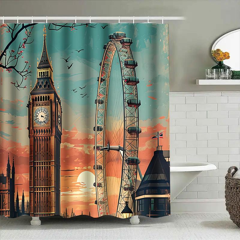 Charmanter Londoner Skyline-Duschvorhang mit Big Ben und dem London Eye für die Badezimmerdekoration Verleihen Sie einen Hauch von britischem Charme