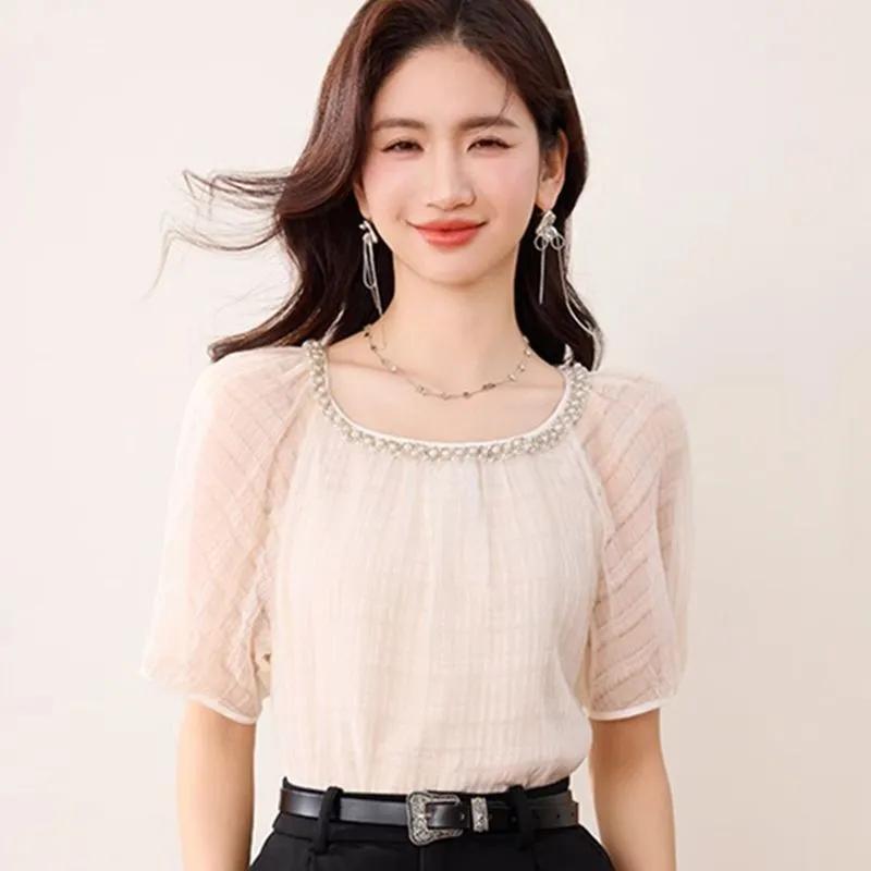 

Women s Beige Mesh Puff Sleeve Top Rhinestone Trim Square Neck Blouse L бежевий