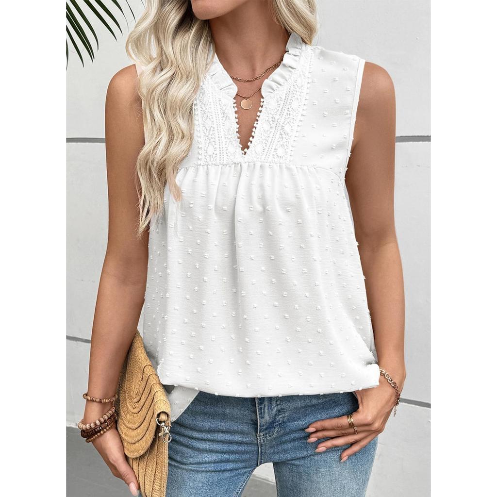 Fashionable Women's Lace Casual Sleeveless Polka Dot Top