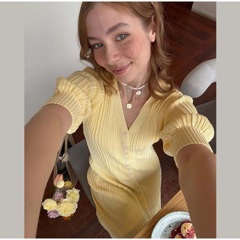 Damen Strickkleider mit Puffärmeln, einreihig geknöpft, lang, frisch, einfarbig, schlankmachend, Sommerneu, eleganter Damenstrickstil