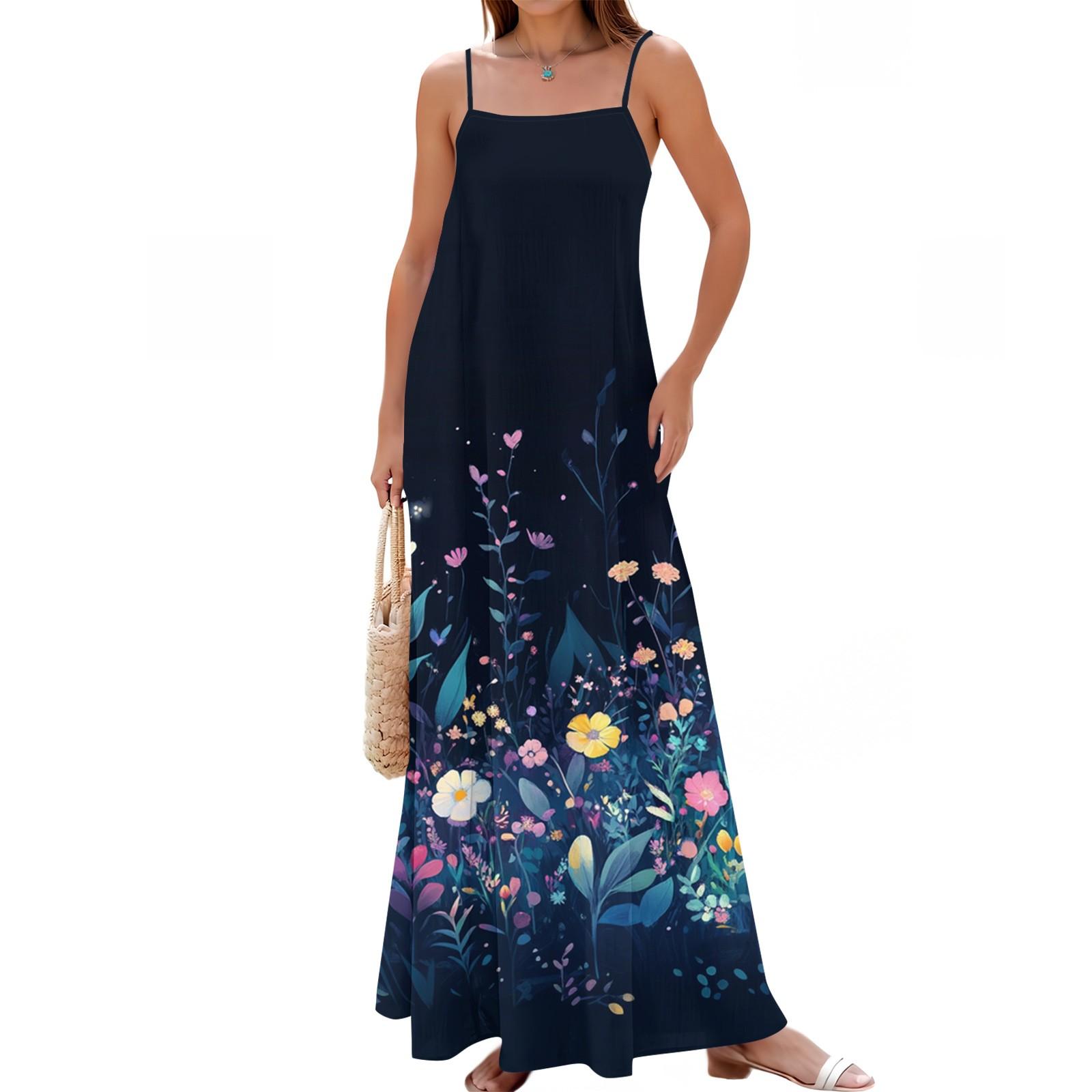 Women Adjustable Strap Floral Print Maxi Dress Sleeveless Casual Long Summer Dress Lightweight Comfortable Fit S