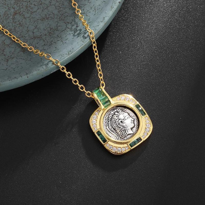 Nádherný náhrdelník s přívěskem starožitné mince s Athéninou sovou a smaragdem pro ženy, šperk pro narozeninovou oslavu, vysoce módní dárek
