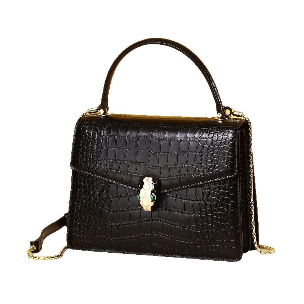 2025 New Brand Fashionable Small Square Shiny Crocodile Pattern Crossbody Handbag with Snake Head Design for Women