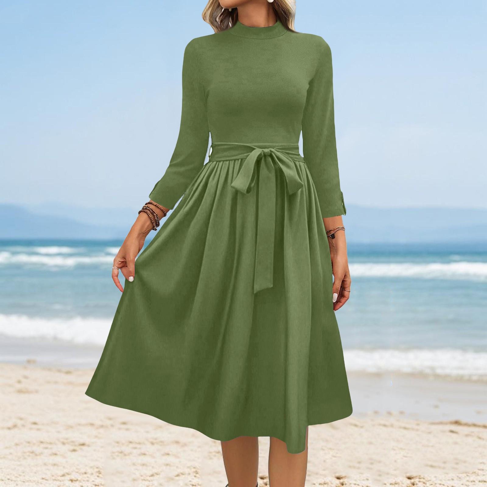 Women s Fashion Casual Belt Seven Sleeve Round Neck Color Temperament Dresses L