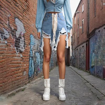 Comfortable Casual High Waist Shorts Women's Summer Sexy Babes Wind Cross Strap Ripped Denim Shorts