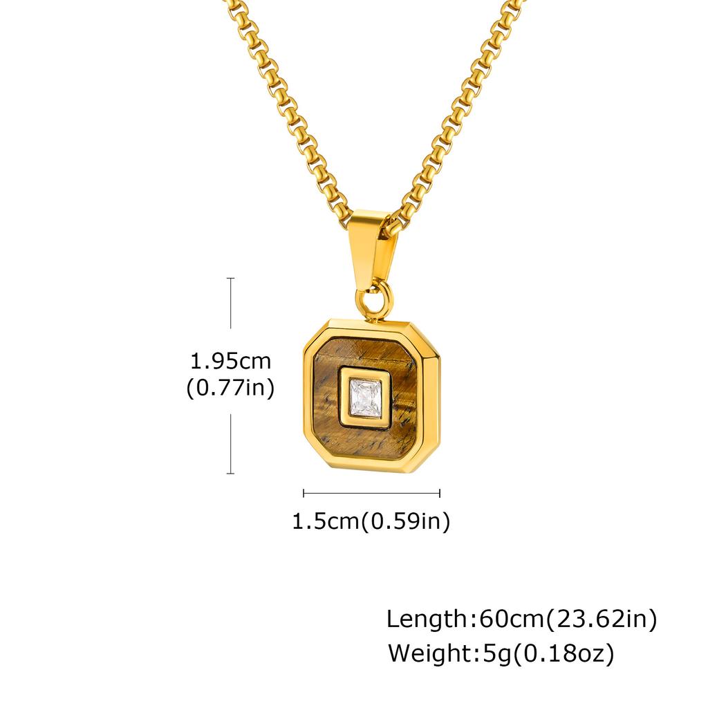 Stylish Square Pendant Necklaces for Men,Small Geometric Natural Stone Stainless Steel Pendant,Center Zircon Collars Gift