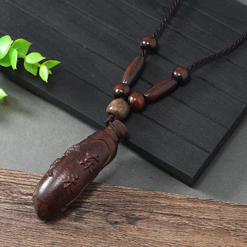 Hand-carved Mahogany Necklace Retro Femininity Long Autumn and Winter Sweater Chain Cotton and Linen Accessories