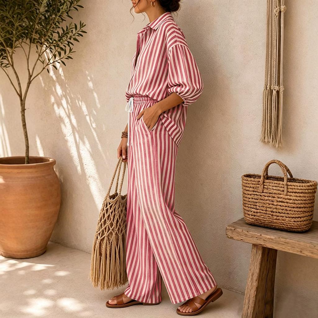 Women Striped Collar Button Down Shirt Three Quarter Sleeve Top Elastic Waist Casual Pants Two Piece Set Loose Fit Lightweight Fabric