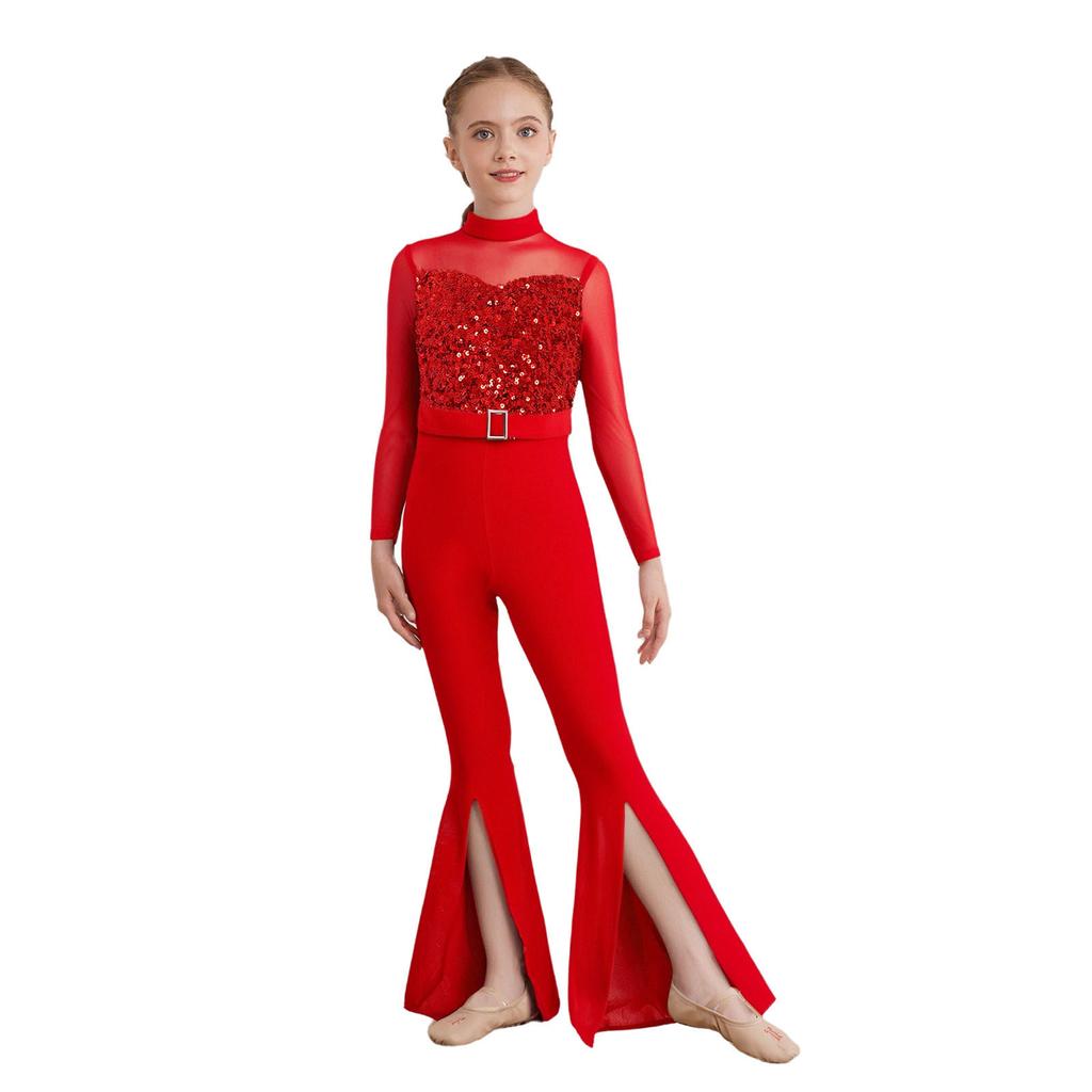Girls Jazz Dance Costume Mock Neck Long Sleeve Cutout Back Sheer Mesh Sequins Bell Bottom Jumpsuit