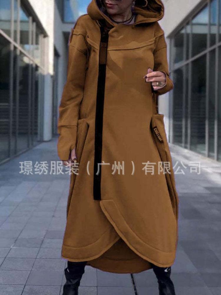 Women's Purple Hooded Long Coat, Zip Front, Side Pockets, Oversized Fit