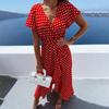 Women's Casual V Neck Tie Waist Ruffle Sleeves Polka Dot Print Dress