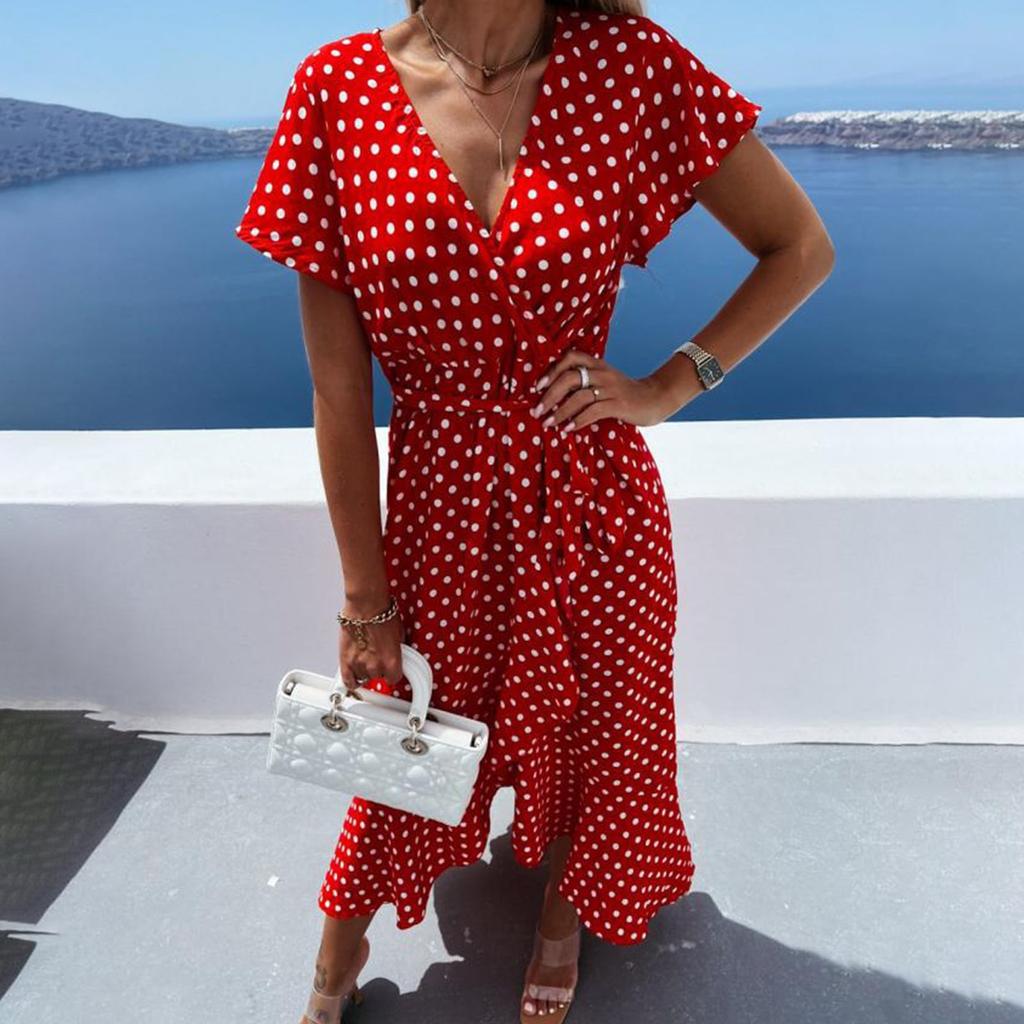Women's Casual V Neck Tie Waist Ruffle Sleeves Polka Dot Print Dress