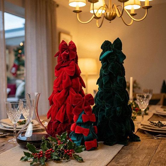 Stacked Velvet Bow Decoration Christmas Tree Decoration, Shaped Desktop Ornament Tabletop for Fireplace Dining Table Window Holiday Decor Versatile