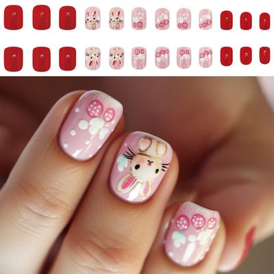24 pièces Carré Ongles Press On Courte Longueur Avec Motif Lapin Faux Ongle Couverture Complète Ongle Adhésif Manucure Pour Femmes